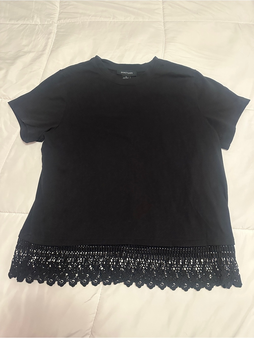 Sanctuary Black Short Sleeve Top with Crochet Hem